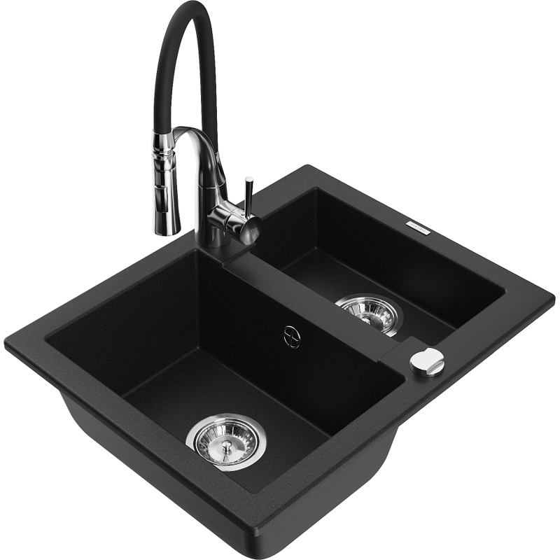 Mexen Carlos 1-compartment granite sink with a kitchen mixer tap Aster, Black - 6518-77-73450-07