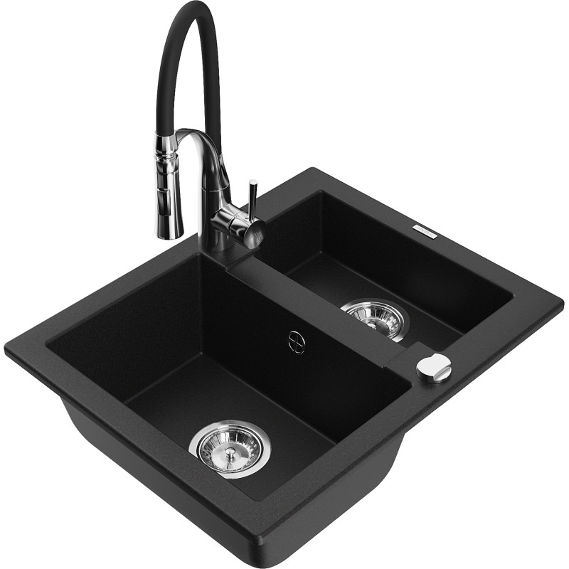 Mexen Carlos 1.5-bowl granite sink with Aster kitchen faucet, black - 6518-77-73450-07