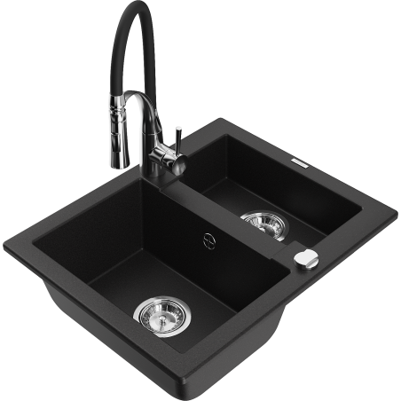 Mexen Carlos 1.5-bowl granite sink with Aster kitchen faucet, black - 6518-77-73450-07