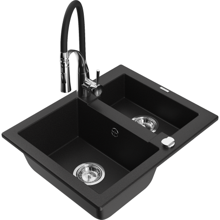Mexen Carlos granite kitchen sink 1.5-bowl with Aster kitchen faucet, black - 6518-77-73450-07