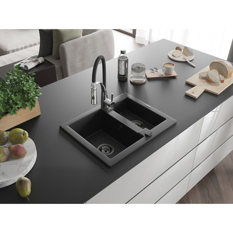 Mexen Carlos granite sink 1.5-bowl with Aster kitchen tap, black - 6518-77-73450-07-B
