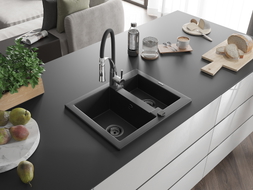 Mexen Carlos granite sink 1.5-bowl with Aster kitchen faucet, black - 6518-77-73450-07-B