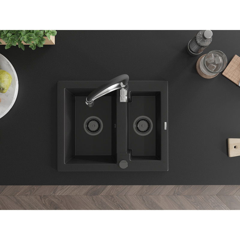 Mexen Carlos granite sink 1.5-bowl with Aster kitchen tap, black - 6518-77-73450-07-B
