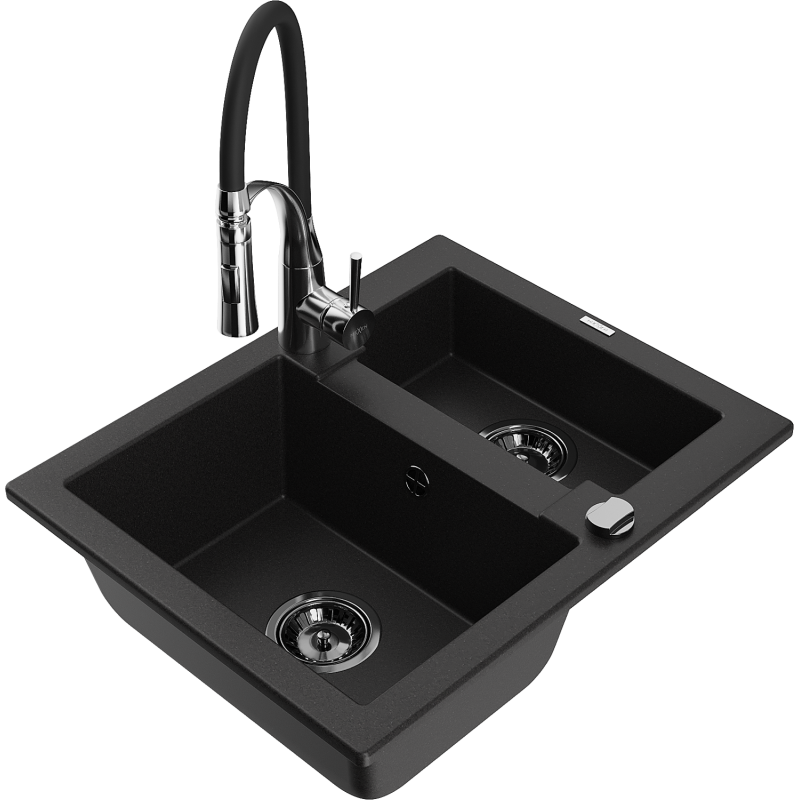 Mexen Carlos 1-compartment granite sink with a kitchen mixer tap Aster, Black - 6518-77-73450-07-B