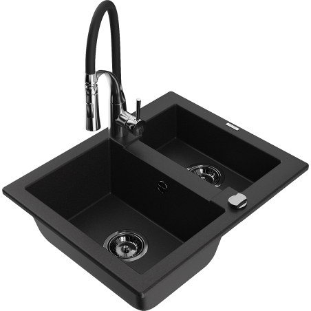 Mexen Carlos granite sink 1.5-bowl with Aster kitchen tap, black - 6518-77-73450-07-B