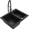 Mexen Carlos granite sink 1.5-bowl with Aster kitchen faucet, black - 6518-77-73450-07-B