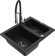 Mexen Carlos granite sink 1.5-bowl with Aster kitchen tap, black - 6518-77-73450-07-B