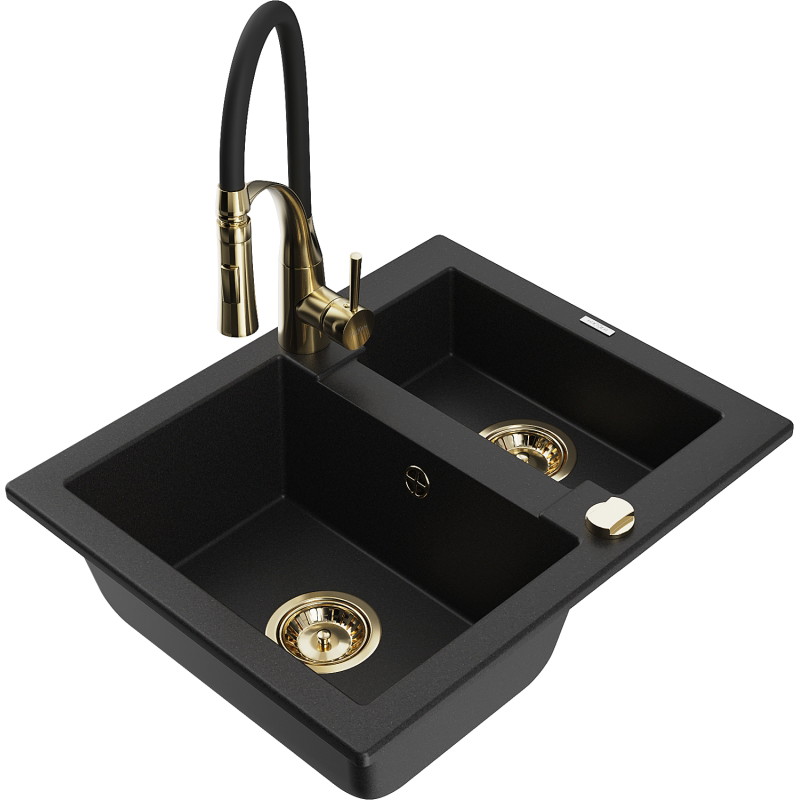 Mexen Carlos Granite kitchen sink 1.5-bowl with Aster kitchen faucet, black - 6518-77-73450-57-G