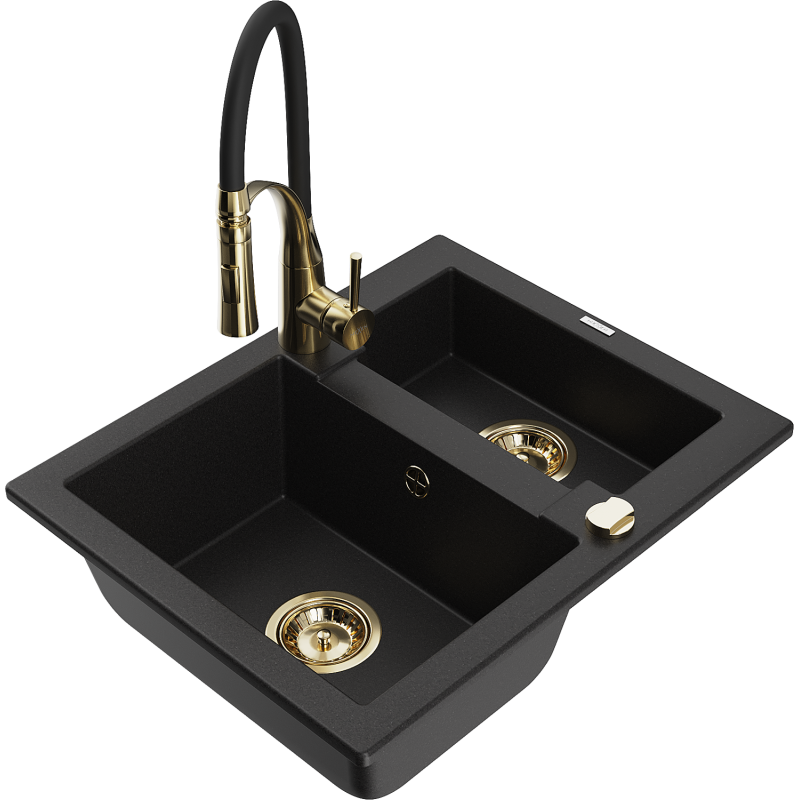 Mexen Carlos granite sink 1.5-bowl with Aster kitchen tap, black - 6518-77-73450-57-G