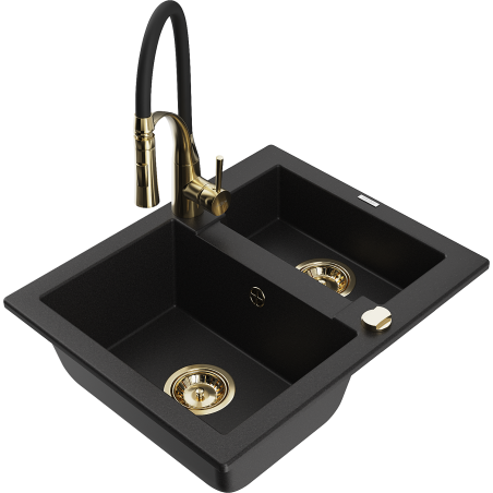 Mexen Carlos Granite kitchen sink 1.5-bowl with Aster kitchen faucet, black - 6518-77-73450-57-G