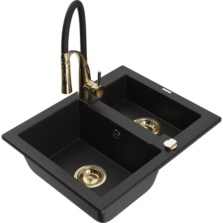 Mexen Carlos granite sink 1.5-bowl with Aster kitchen tap, black - 6518-77-73450-57-G