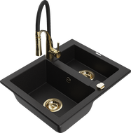 Mexen Carlos granite sink 1.5-bowl with Aster kitchen faucet, black - 6518-77-73450-57-G