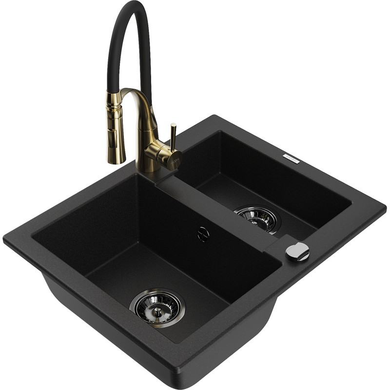 Mexen Carlos granite kitchen sink 1.5-bowl with Aster kitchen faucet, black - 6518-77-73450-57-B