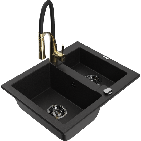 Mexen Carlos granite kitchen sink 1.5-bowl with Aster kitchen faucet, black - 6518-77-73450-57-B