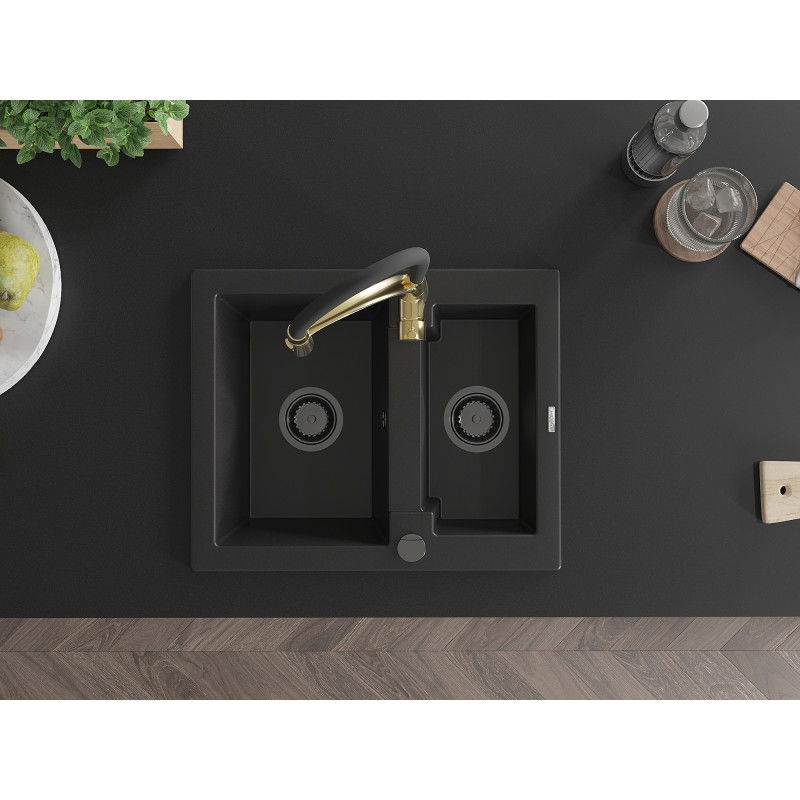 Mexen Carlos granite sink 1.5-bowl with Aster kitchen tap, black - 6518-77-73450-57-B