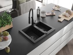 Mexen Carlos 1.5-bowl granite sink with Aster kitchen faucet, black - 6518-77-73450-70-B