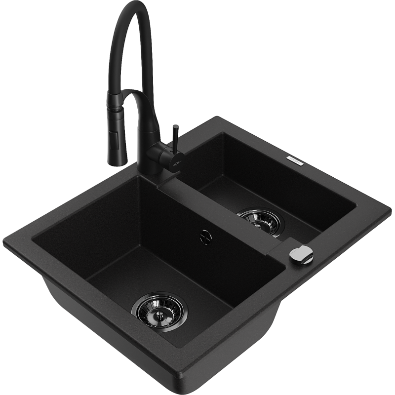Mexen Carlos 1-compartment granite sink with a kitchen mixer tap Aster, Black - 6518-77-73450-70-B