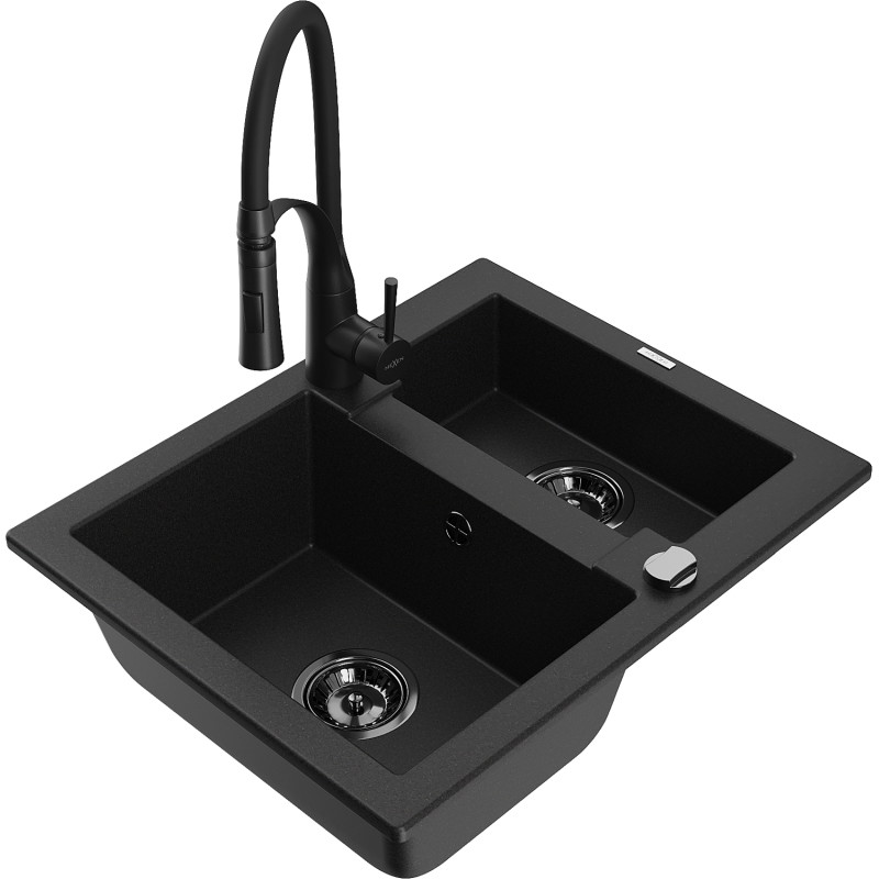 Mexen Carlos 1.5-bowl granite sink with Aster kitchen faucet, black - 6518-77-73450-70-B