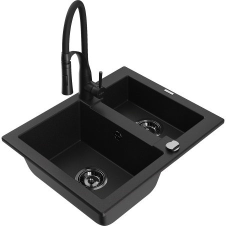 Mexen Carlos 1-compartment granite sink with a kitchen mixer tap Aster, Black - 6518-77-73450-70-B