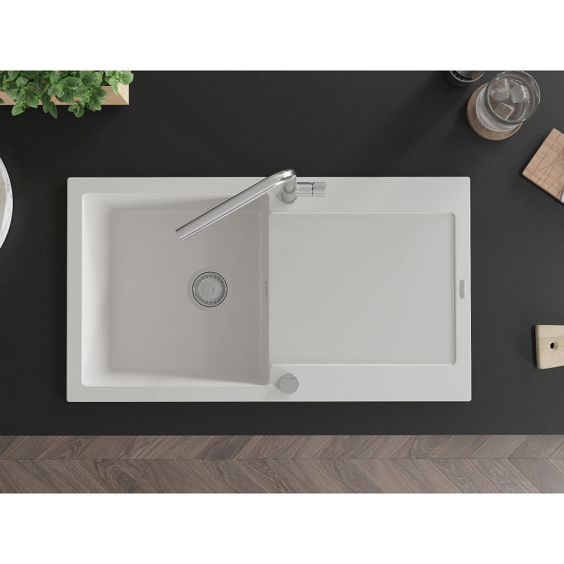 Mexen Leo granite single-bowl sink with drainer and Flora kitchen tap, white - 6501-20-670401-00