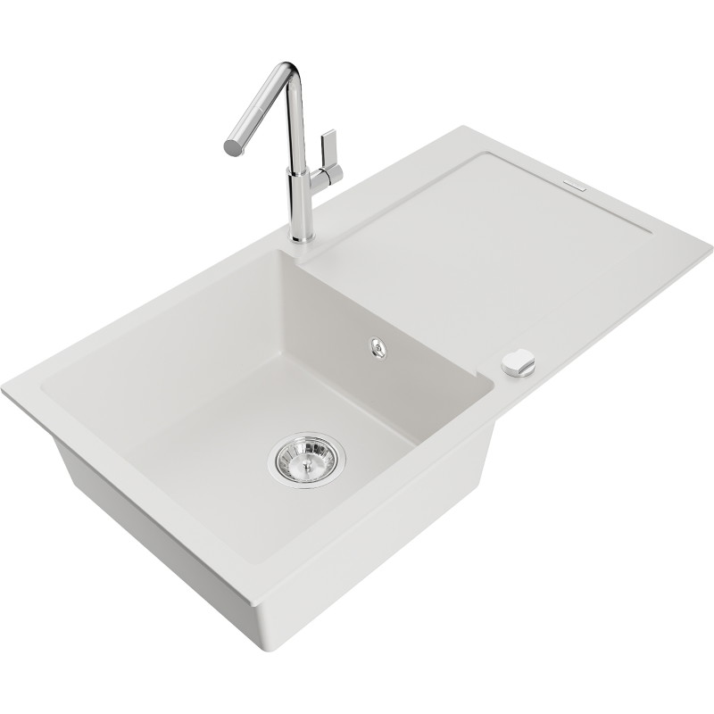 Mexen Leo 1-bowl Granite Kitchen Sink with Drainer and Flora Kitchen Faucet, White - 6501-20-670401-00