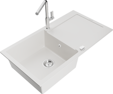 Mexen Leo granite single-bowl sink with drainer and Flora kitchen tap, white - 6501-20-670401-00