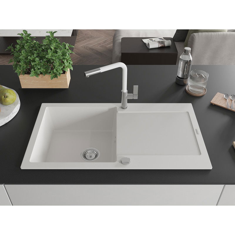 Mexen Leo 1-bowl granite sink with drainer and Flora kitchen tap, white - 6501-20-670401-02
