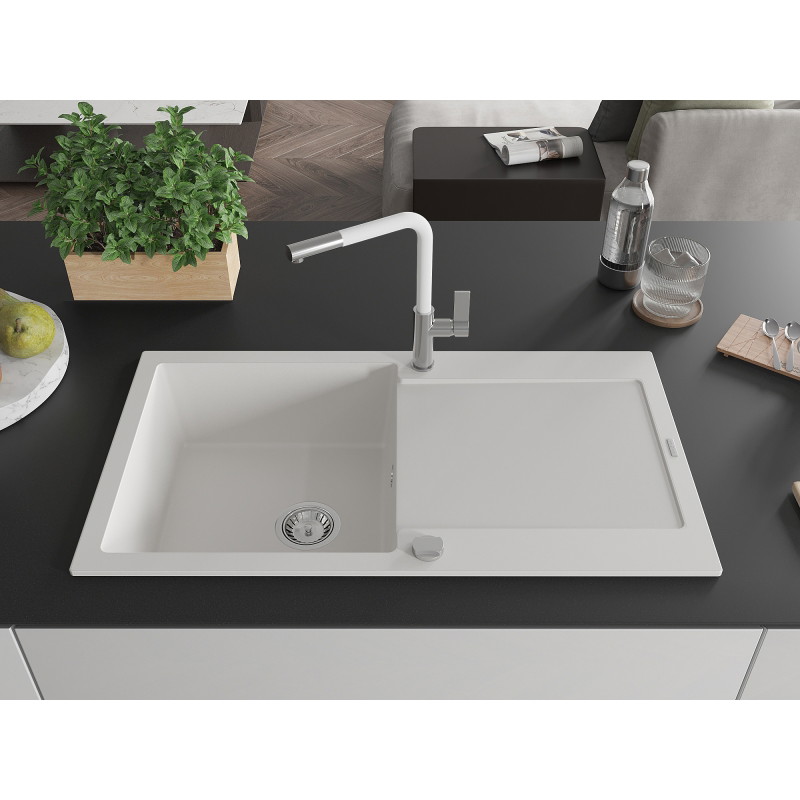 Mexen Leo granite single-bowl sink with drainer and Flora kitchen faucet, white - 6501-20-670401-02