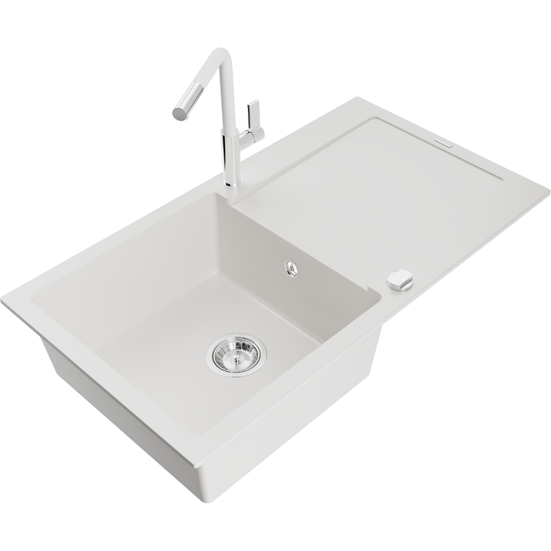 Mexen Leo 1-bowl granite sink with drainer and Flora kitchen tap, white - 6501-20-670401-02