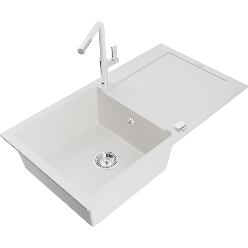 Mexen Leo 1-compartment granite sink with a drip tray and kitchen mixer tap Flora, White - 6501-20-670401-02