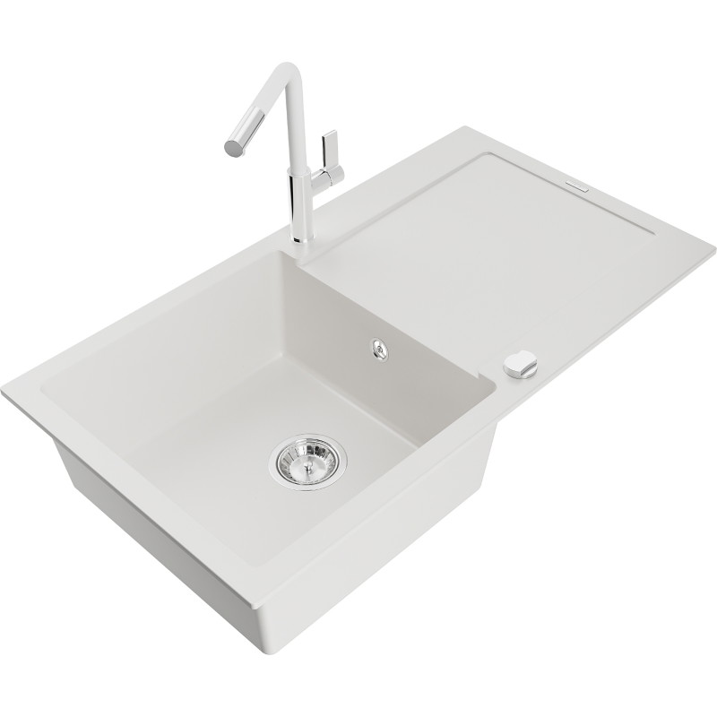Mexen Leo granite single-bowl sink with drainer and Flora kitchen faucet, white - 6501-20-670401-02