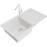 Mexen Leo 1-bowl granite sink with drainer and Flora kitchen tap, white - 6501-20-670401-02