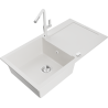 Mexen Leo 1-compartment granite sink with a drip tray and kitchen mixer tap Flora, White - 6501-20-670401-02