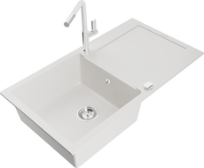 Mexen Leo 1-bowl granite sink with drainer and Flora kitchen tap, white - 6501-20-670401-02