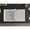Mexen Leo 1-bowl granite sink with drainer and Flora kitchen tap, white - 6501-20-670401-02