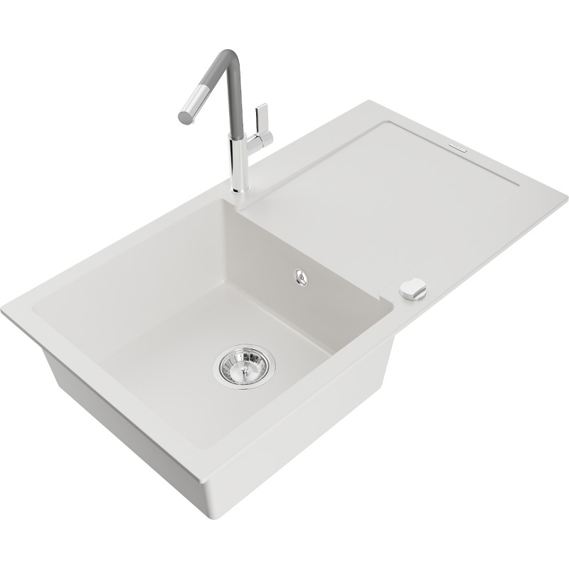 Mexen Leo 1-bowl granite sink with drainer and Flora kitchen faucet, white - 6501-20-670401-06