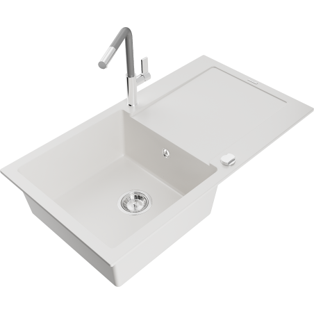 Mexen Leo 1-compartment granite sink with a drip tray and kitchen mixer tap Flora, White - 6501-20-670401-06