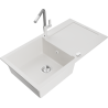 Mexen Leo 1-bowl granite sink with drainer and Flora kitchen faucet, white - 6501-20-670401-06