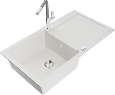 Mexen Leo 1-bowl granite sink with drainer and Flora kitchen faucet, white - 6501-20-670401-06