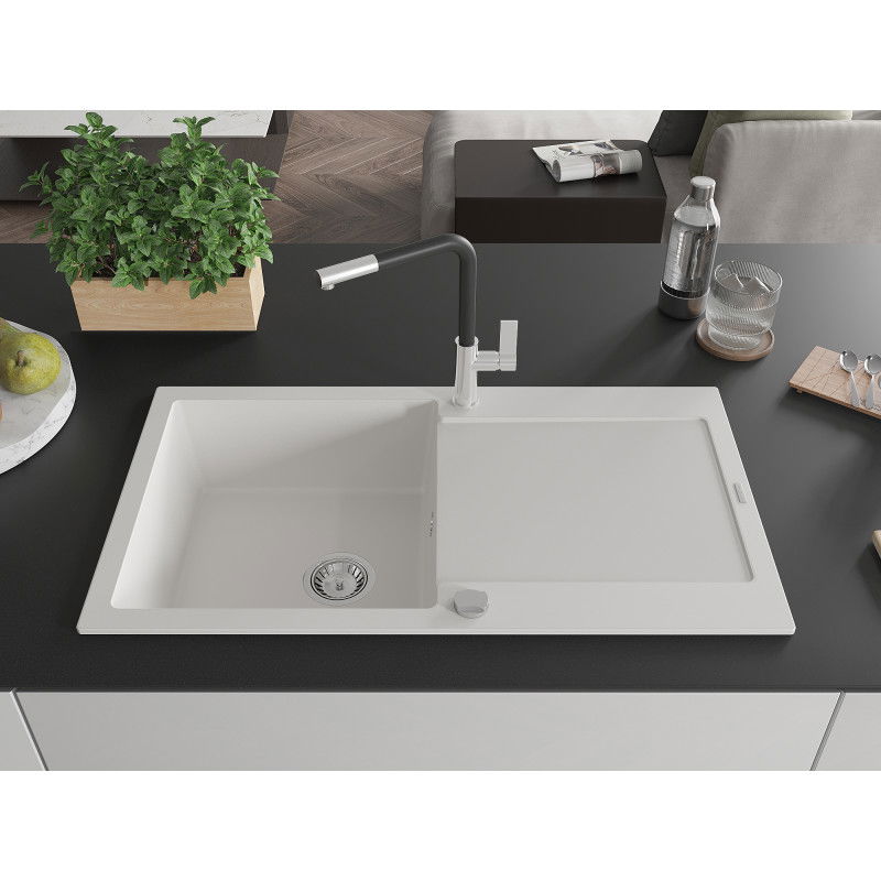 Mexen Leo 1-bowl granite sink with drainer and Flora kitchen tap, white - 6501-20-670401-07