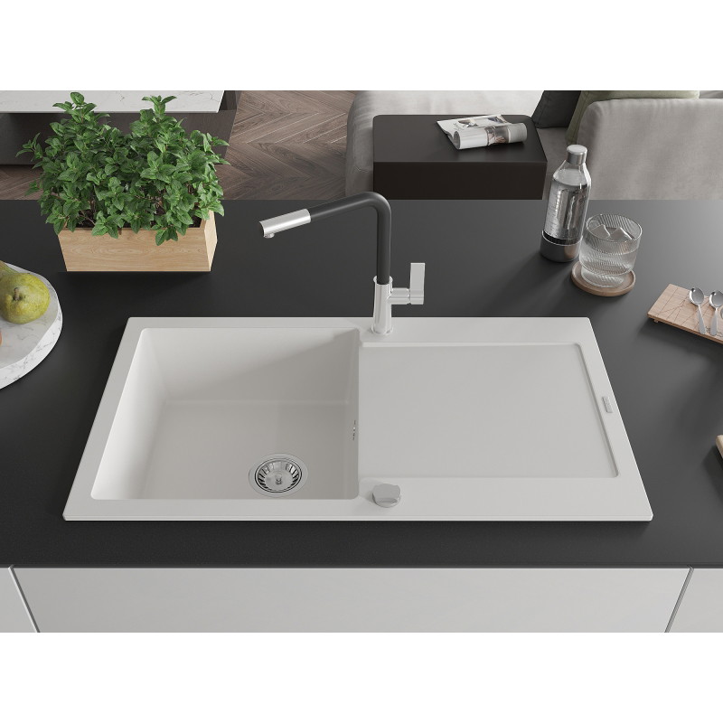 Mexen Leo granite sink 1-bowl with drainer and Flora kitchen faucet, white - 6501-20-670401-07