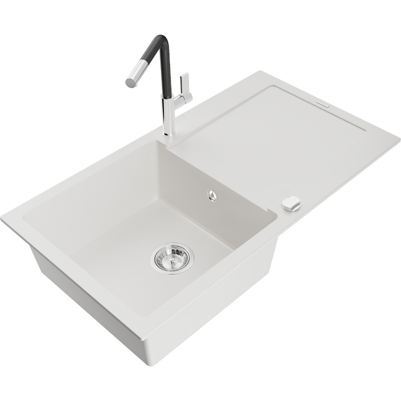 Mexen Leo granite sink 1-bowl with drainer and Flora kitchen faucet, white - 6501-20-670401-07
