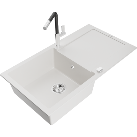 Mexen Leo 1-bowl granite sink with drainer and Flora kitchen tap, white - 6501-20-670401-07