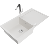 Mexen Leo 1-compartment granite sink with a drip tray and kitchen mixer tap Flora, White - 6501-20-670401-07