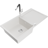 Mexen Leo granite sink 1-bowl with drainer and Flora kitchen faucet, white - 6501-20-670401-07