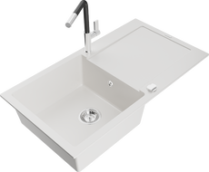 Mexen Leo granite sink 1-bowl with drainer and Flora kitchen faucet, white - 6501-20-670401-07