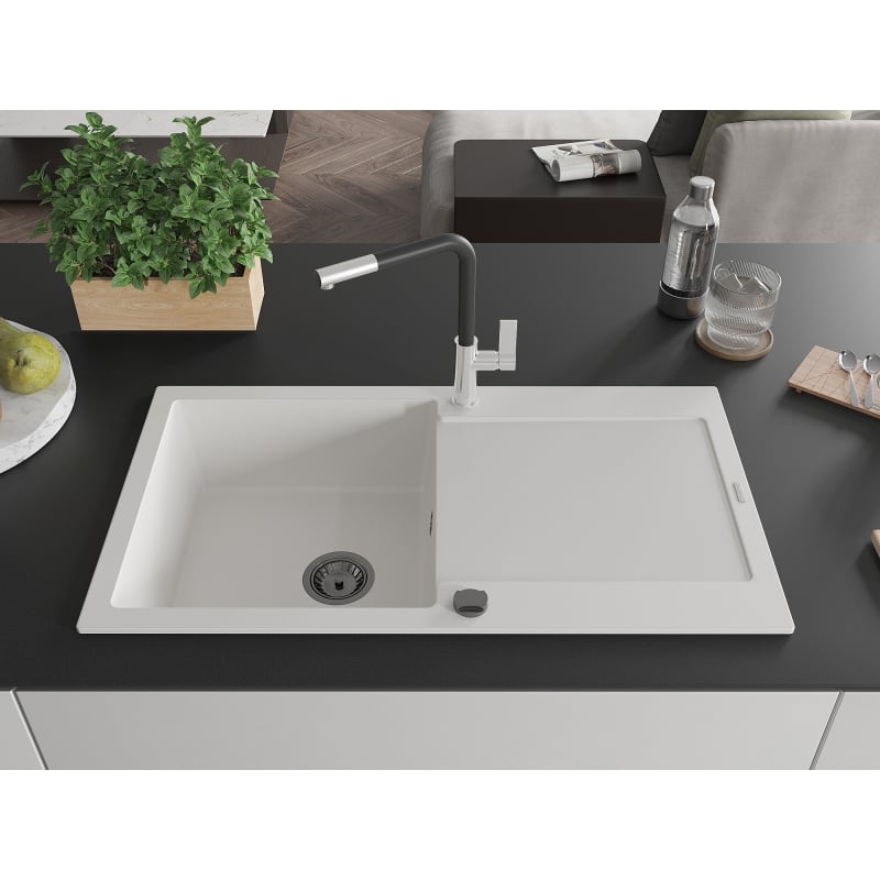 Mexen Leo granite kitchen sink 1-bowl with drainer and Flora kitchen faucet, white - 6501-20-670401-07-B