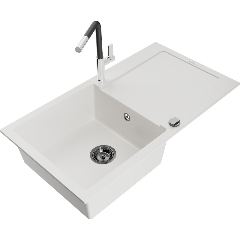 Mexen Leo granite kitchen sink 1-bowl with drainer and Flora kitchen faucet, white - 6501-20-670401-07-B