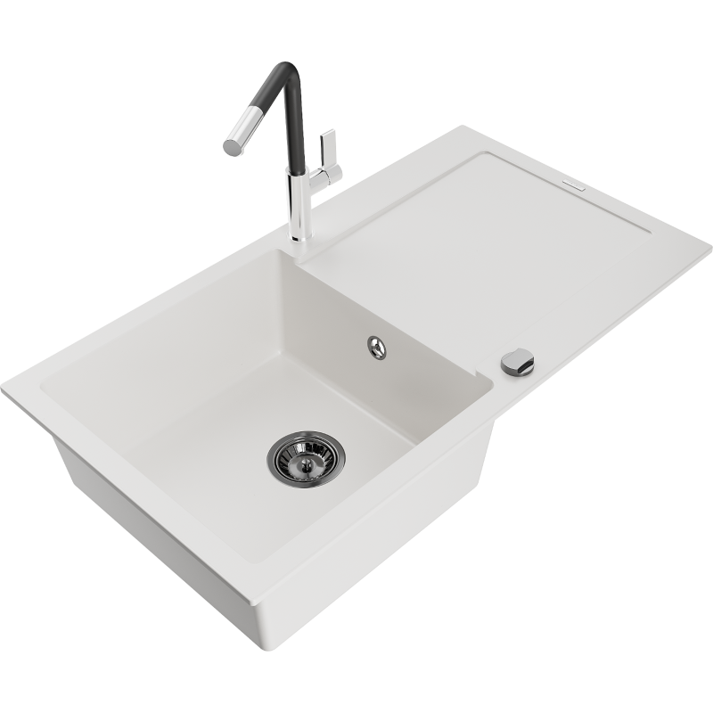 Mexen Leo single-bowl granite sink with drainer and Flora kitchen tap, white - 6501-20-670401-07-B