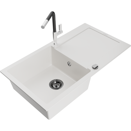 Mexen Leo 1-bowl granite sink with drainer and Flora kitchen faucet, white - 6501-20-670401-07-B